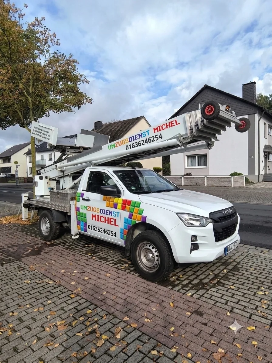 Fahrzeug mit Möbellift und bunten Würfeln von Umzugsdienst Michel